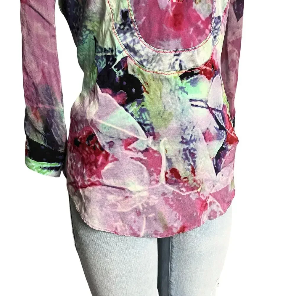 A Common Thread Silk Sheer Multicolor Retro Button‎ Up Blouse Size M - Picture 4 of 8